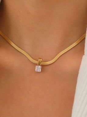Gold Square CZ Herringbone Necklace (7554)